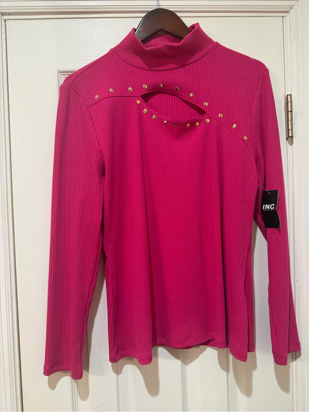INC International Concepts Hot Pink Ribbed Mock Neck Top with Gold Studs